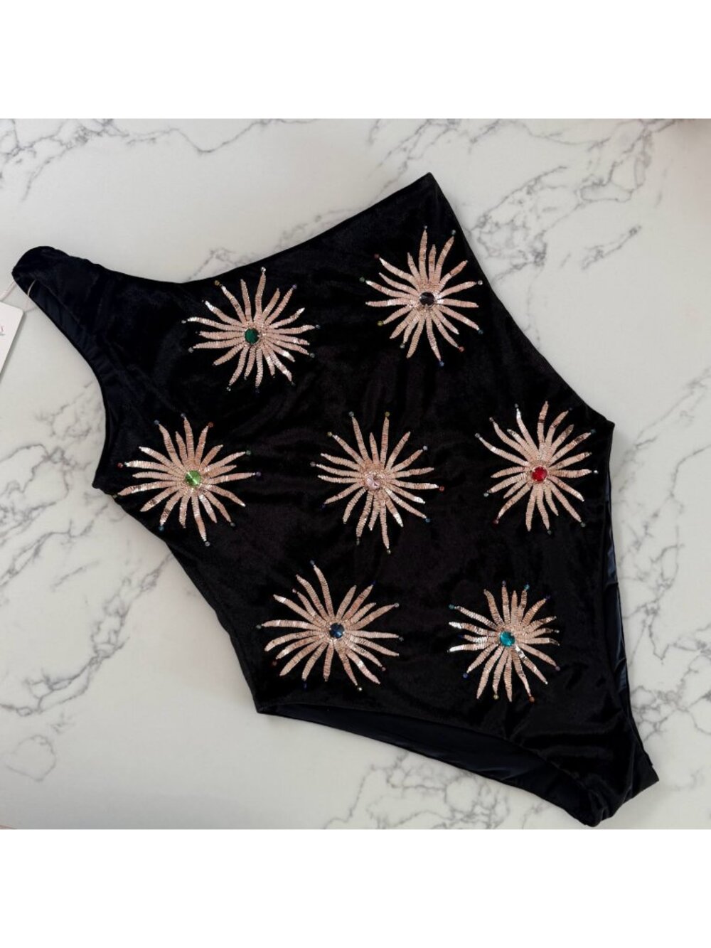 One-Shoulder Black Embellished Sunburst One-Piece Swimsuit - Picture 7 of 7